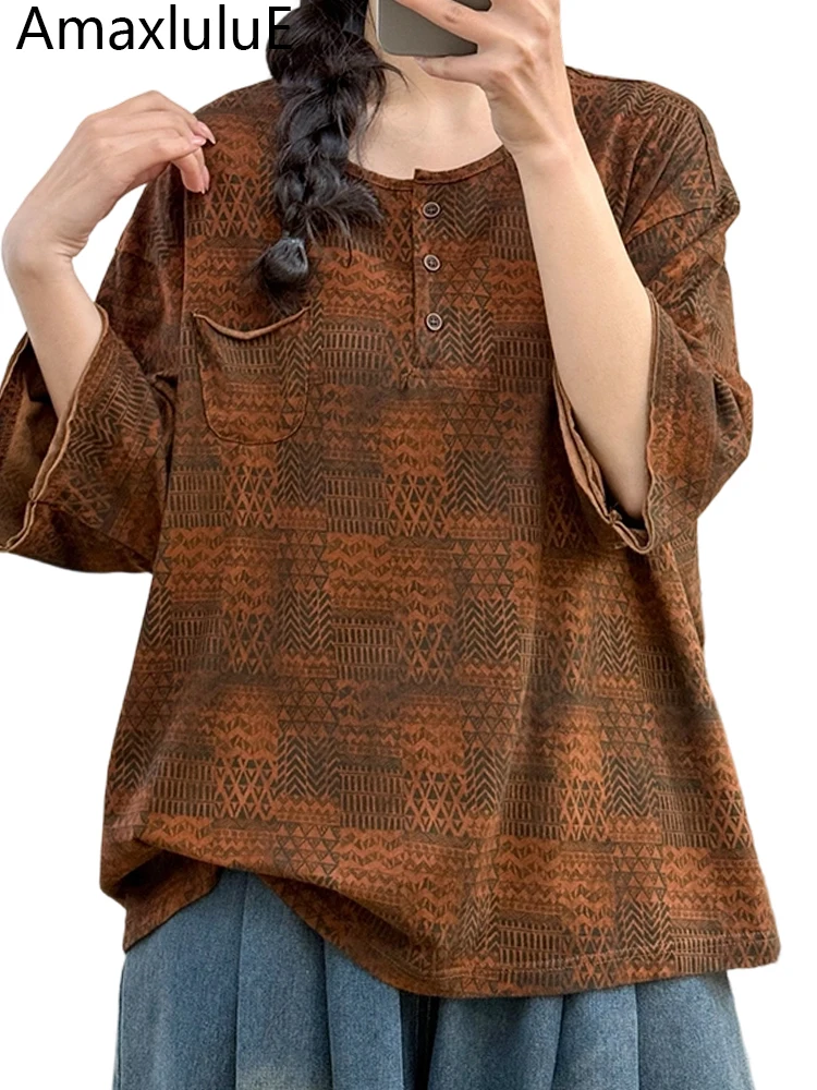 Amax LuluE Summer Womens Vintage Loose Printed Tee Shirts 2026 British Classic Clothes Ladies Fashion Leisure Luxury O Neck Tops