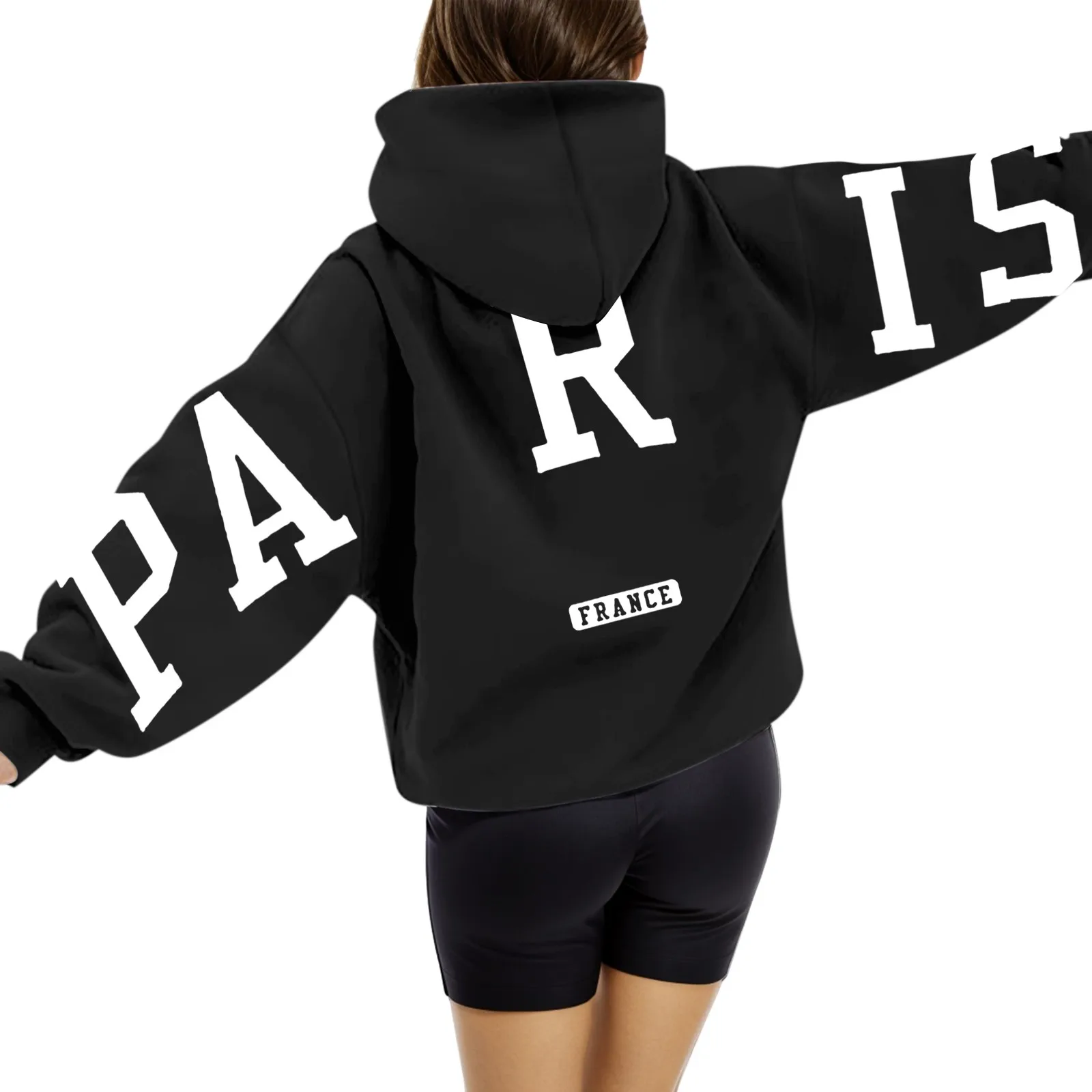 Women'S Solid Color French Paris English Letter Print Long Sleeved Zipper Free Loose Fashion Hooded Pullover Printed Sweatshirt