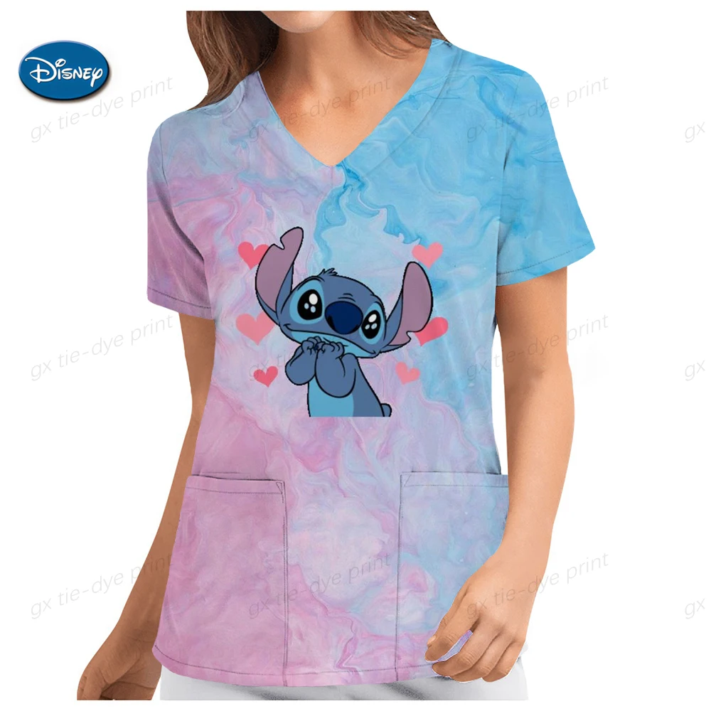 

Pocket Stich Disney Stitch Hospital T-shirt Nurse Uniform Tops V Neck Top Women 2024 Summer Woman Clothes T-shirts Tees Women's