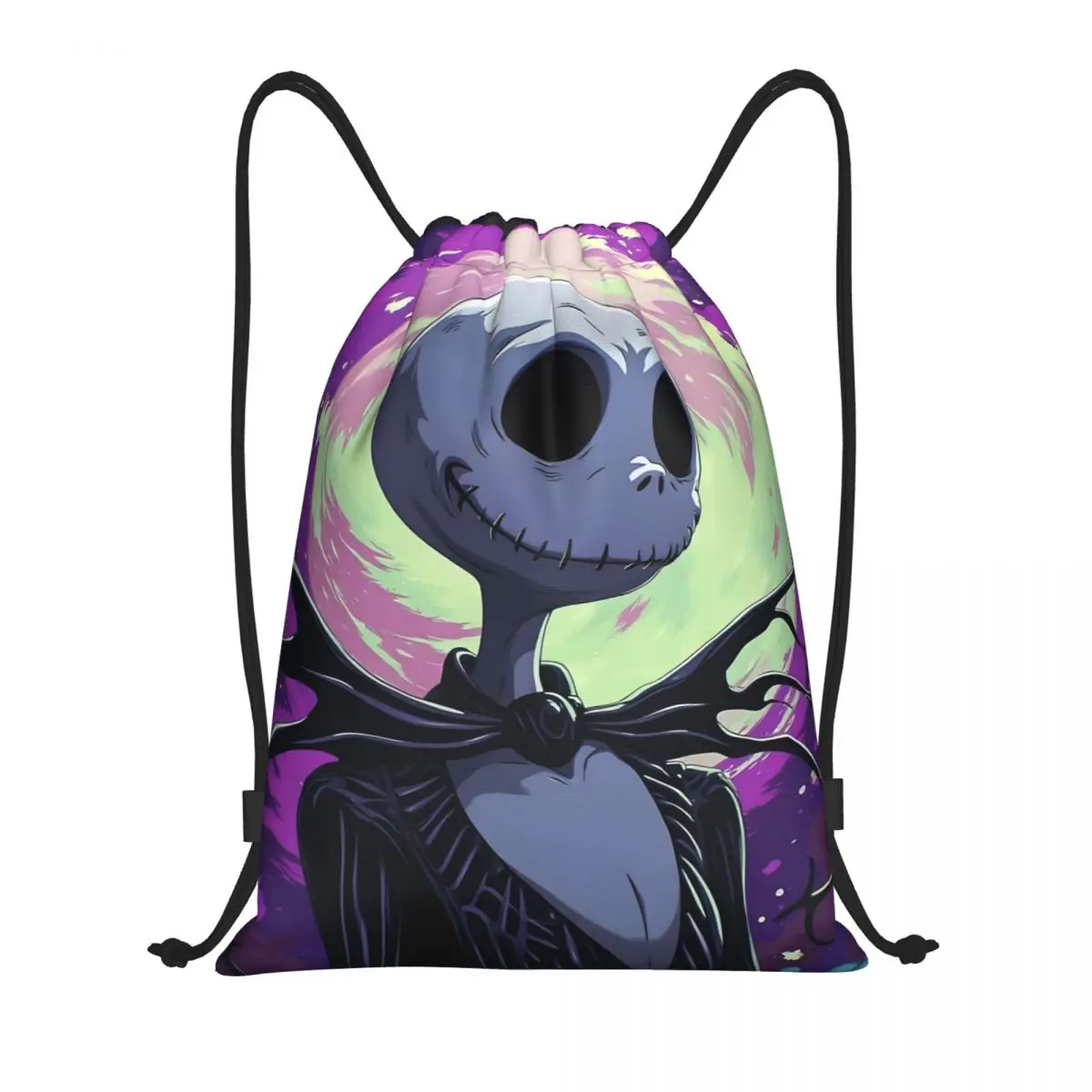 

Custom Jack Skellington Drawstring Backpack Women Men Sport Gym Sackpack Foldable King of Halloween Town Shopping Bag Sack