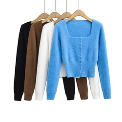 Fall outfits cardigan women white cropped sweater knited fuzzy cute sweater black kawaii button up cardigan square neck top blue