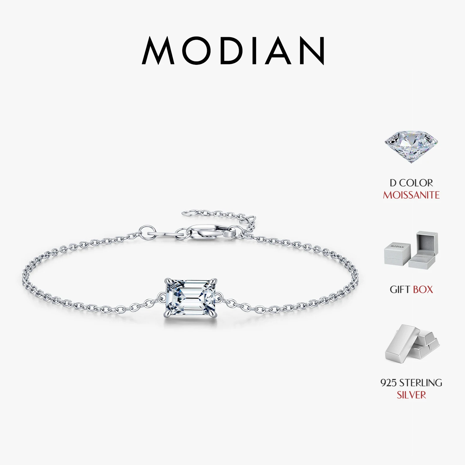 

MODIAN 925 Sterling Sliver Classic Elegant Emerald Cut Moissanite Link Chain Bracelets For Women Fine Jewelry Gifts
