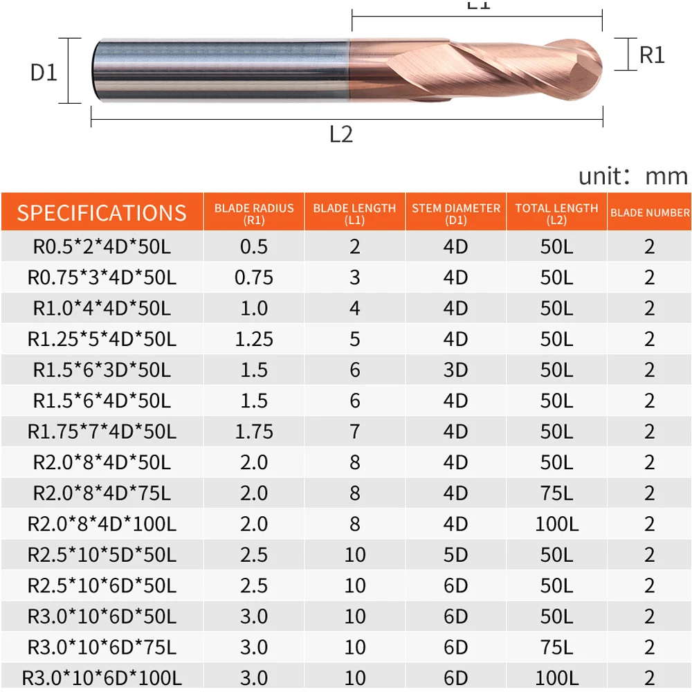 Augusttools HRC55 볼 노즈 엔드 밀 텅스텐 카바이드 밀링 커터, CNC 라우터 비트 절단 도구, 반경 R0.5 R1 R2 R3 R5 R6