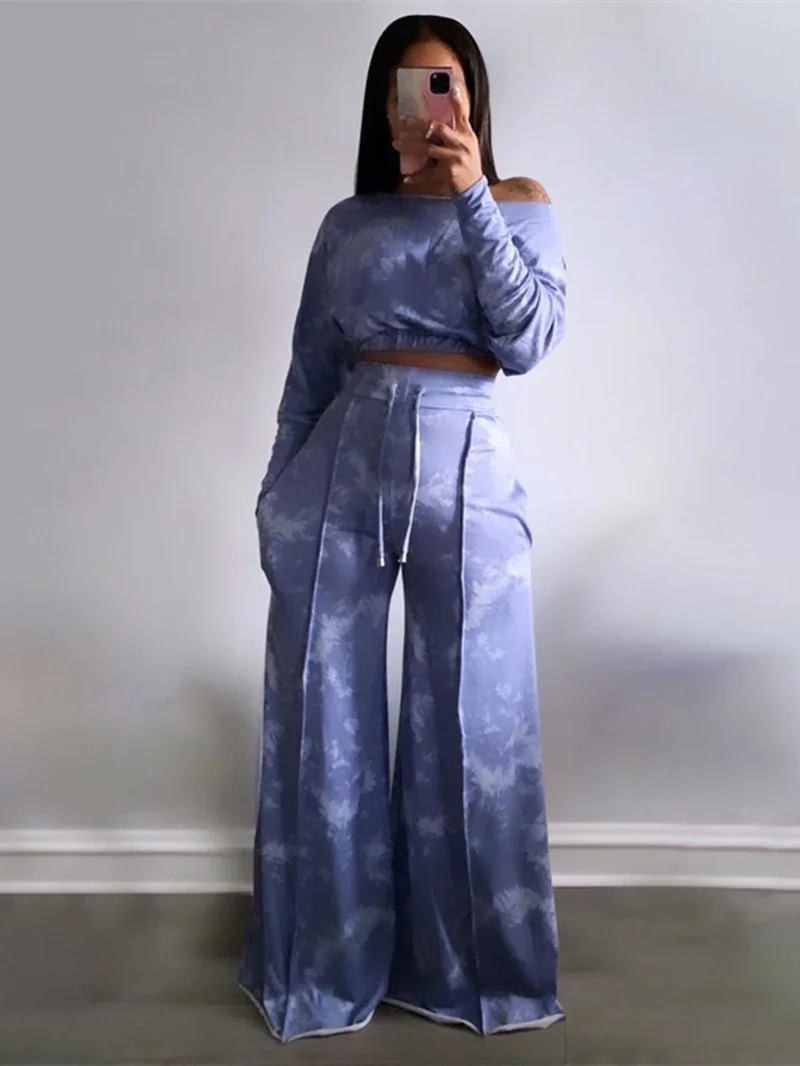 Fashion Tie Dye Off Shoulder Tracksuit Women Two 2 Piece Set Outfits Autumn Clothing Crop Top and Wide Leg Pants Suit Woman Sets