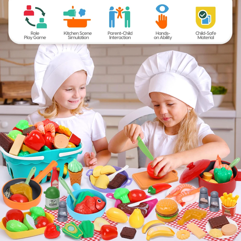 Conjunto de Juguete de Cocina WizKidz para Niños con Comida de Juguete y Cesta de Almacenamiento, Accesorios de Cocina para Niños Pequeños, Juguete Educativo, Regalo para Niños y Niñas.