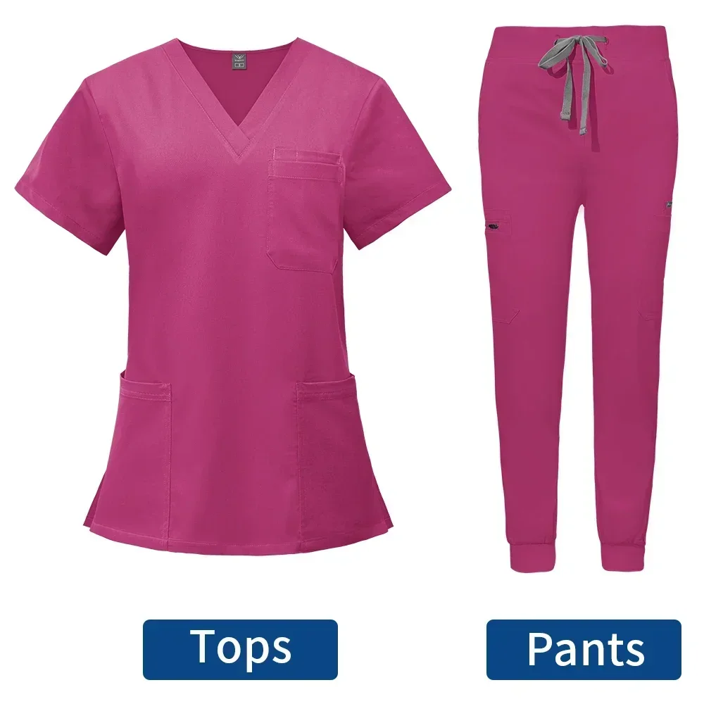 Uniforme de esfoliante com logotipo personalizável, conjunto de manga curta com decote em v + calças, uniforme de enfermagem feminino, médico de animais de estimação, roupa de trabalho médica