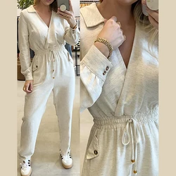 2024 Lapel V-neck Collar Shirred Drawstring Waist Women Jumpsuit