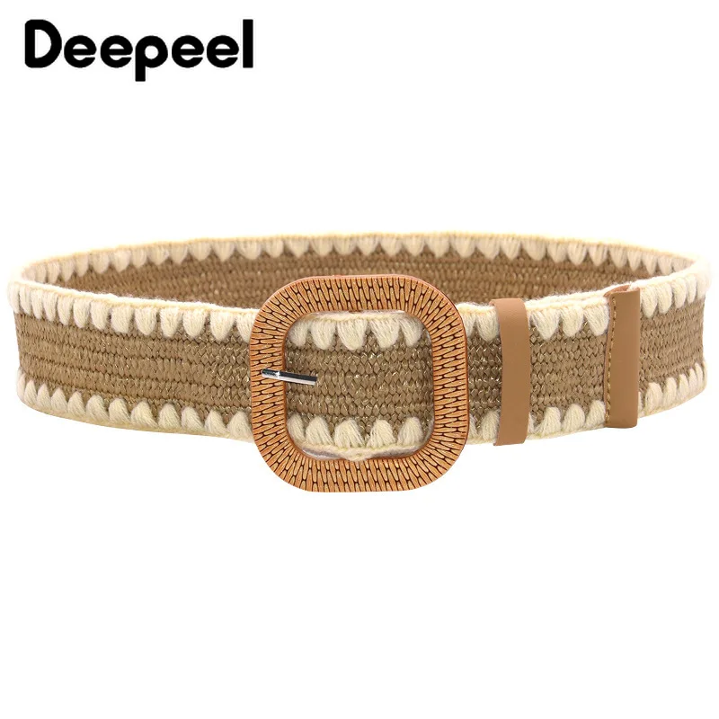 Deepeel-Cinturón trenzado bohemio Vintage de 5x100cm para mujer, faja ancha de encaje, hebilla de madera, decoración de paja falsa, cinturones para vestido, abrigo, fajas