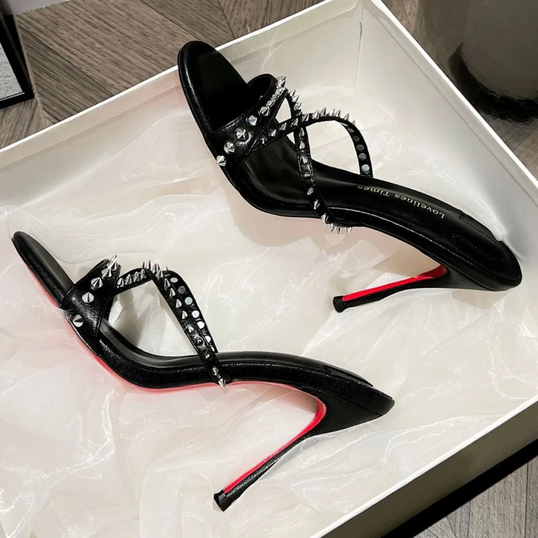 

Red Sole Fairy Style Women's Slippers Studded Crisscross Strappy Pointed Peep Open-Toe Sandals With Stiletto 6 8 10cm High Heels