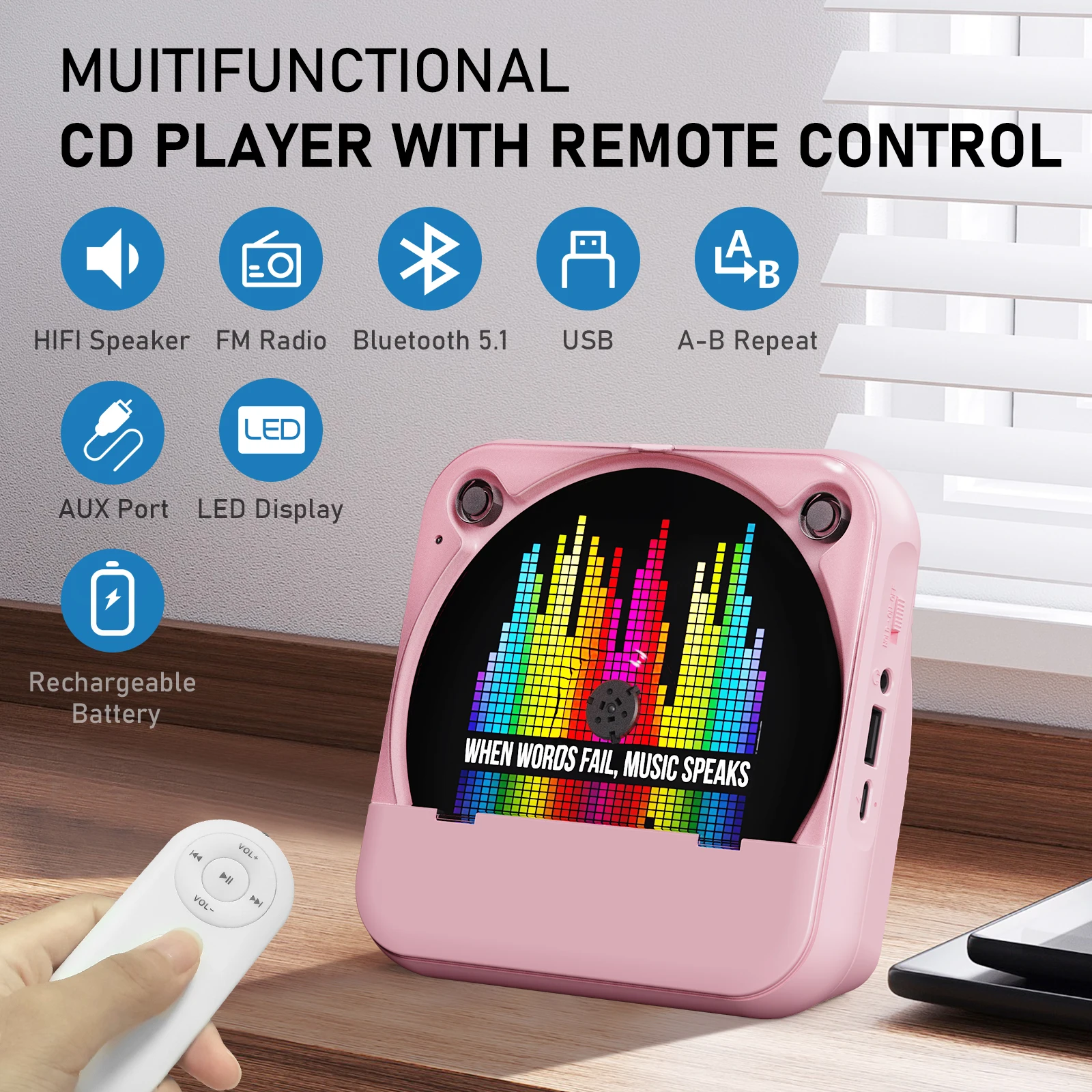 مشغل سي دي مكتبي صيفي مع جهاز تحكم عن بعد ، بي تي ، شاشة عرض ليد منزلية ، واي فاي مدمج ، مكبرات صوت ستيريو ، راديو FM