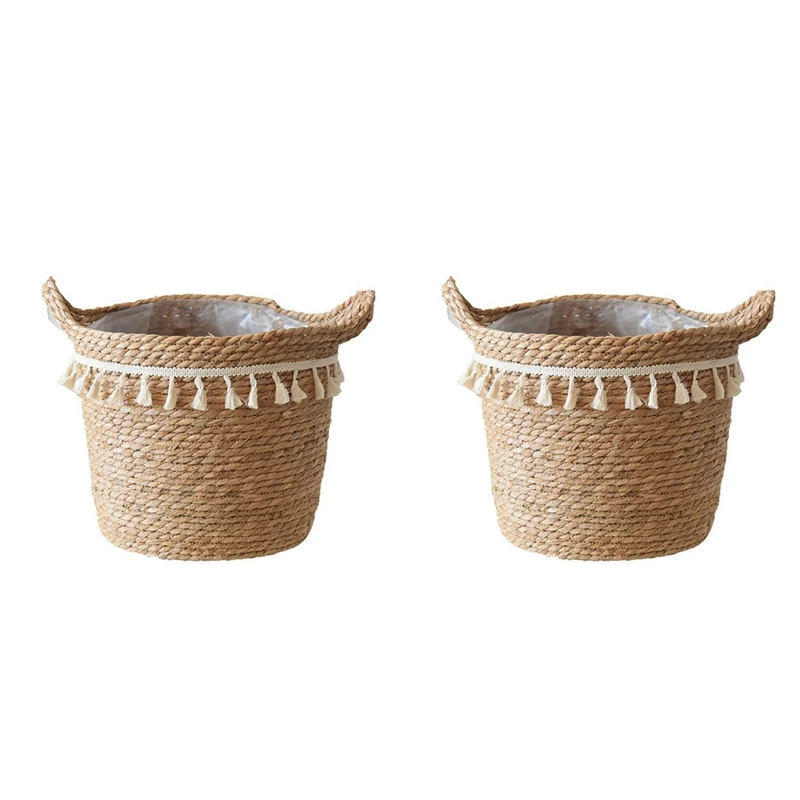 

2X Seagrass Planter Basket With Tassel, Indoor Outdoor Plant Pots, Flower Pot Cover, Natural Plant Containers 23Cm