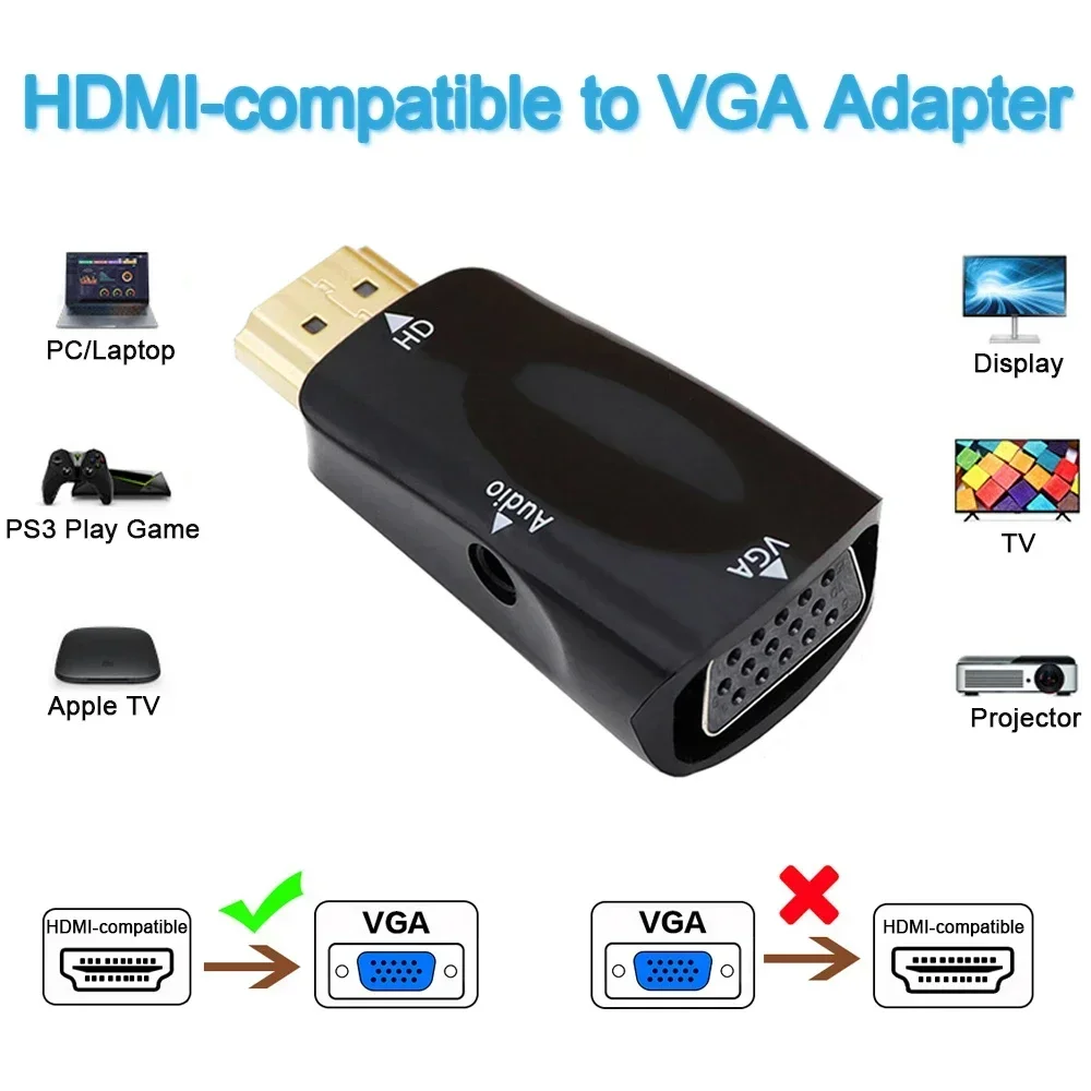 Compatível com adaptador VGA para cabo de vídeo de computador PC, monitor HDTV, projetor, suporte para cabo de 3,5 mm e conector 3,5AUX