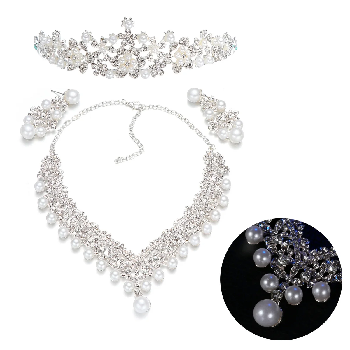 

Pearl Bridal Tiara Crown Flower Rhinestone Crystal Necklace Earrings Elegant Wedding Jewelry Sets for Brides Wedding Jewelry Set