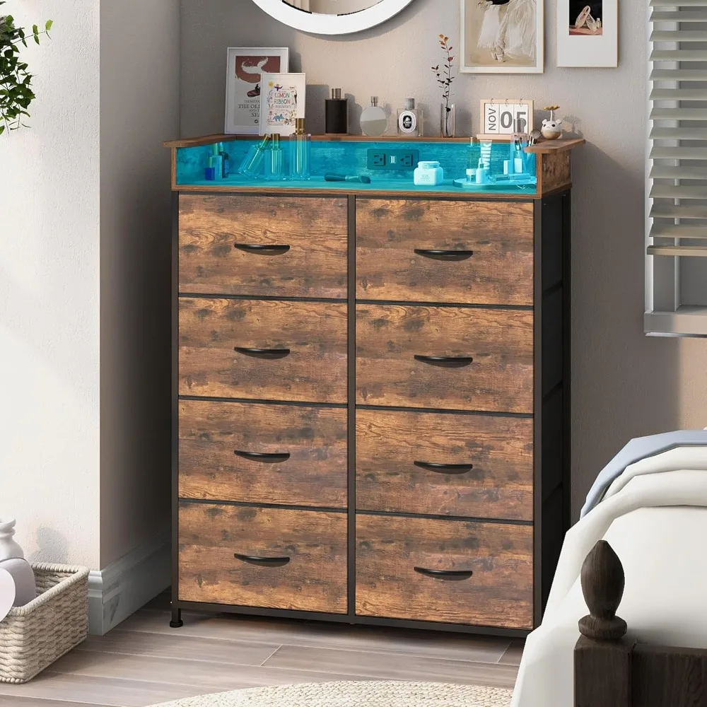 

Dresser for Bedroom with Charge Station 8 Drawers Dresser with LED Lights Chest Organizer Units