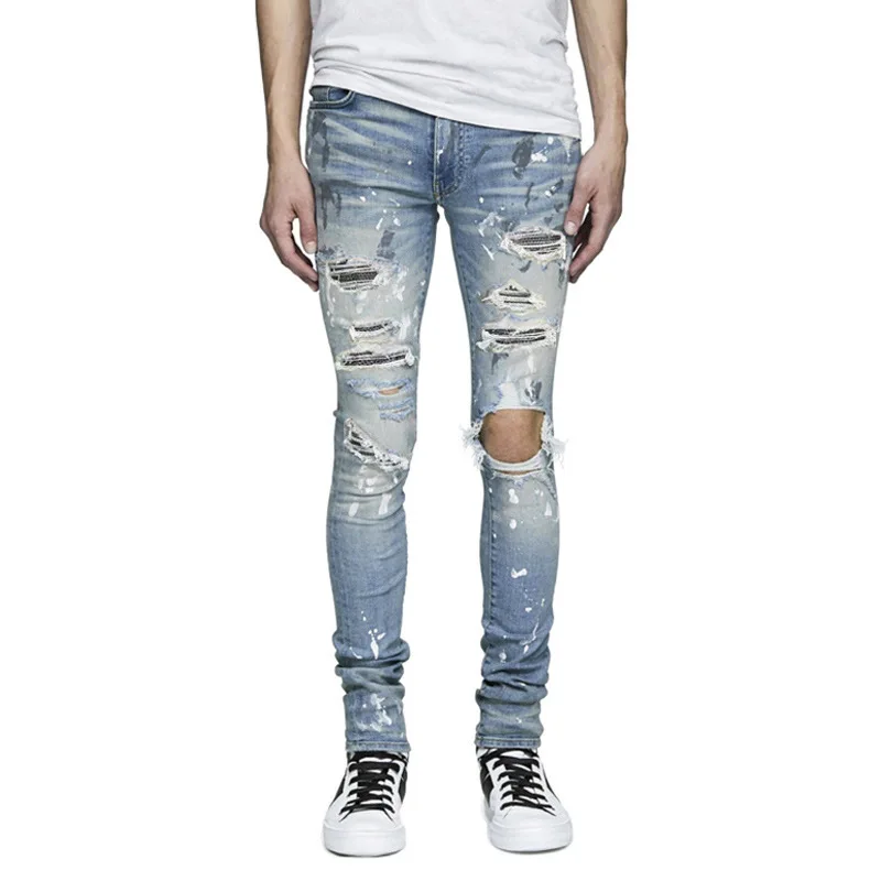 

2023 Foreign Trade Hot Diamond Splashing Ripped Men's Jeans Style Slim Fit Elastic Men's Jeans