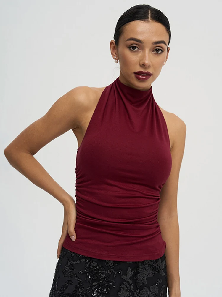 Sexy Backless Pure Color Summer New Women's Tank Top T-shirt Sleeveless Polyester Fiber Cross-Border Clothing