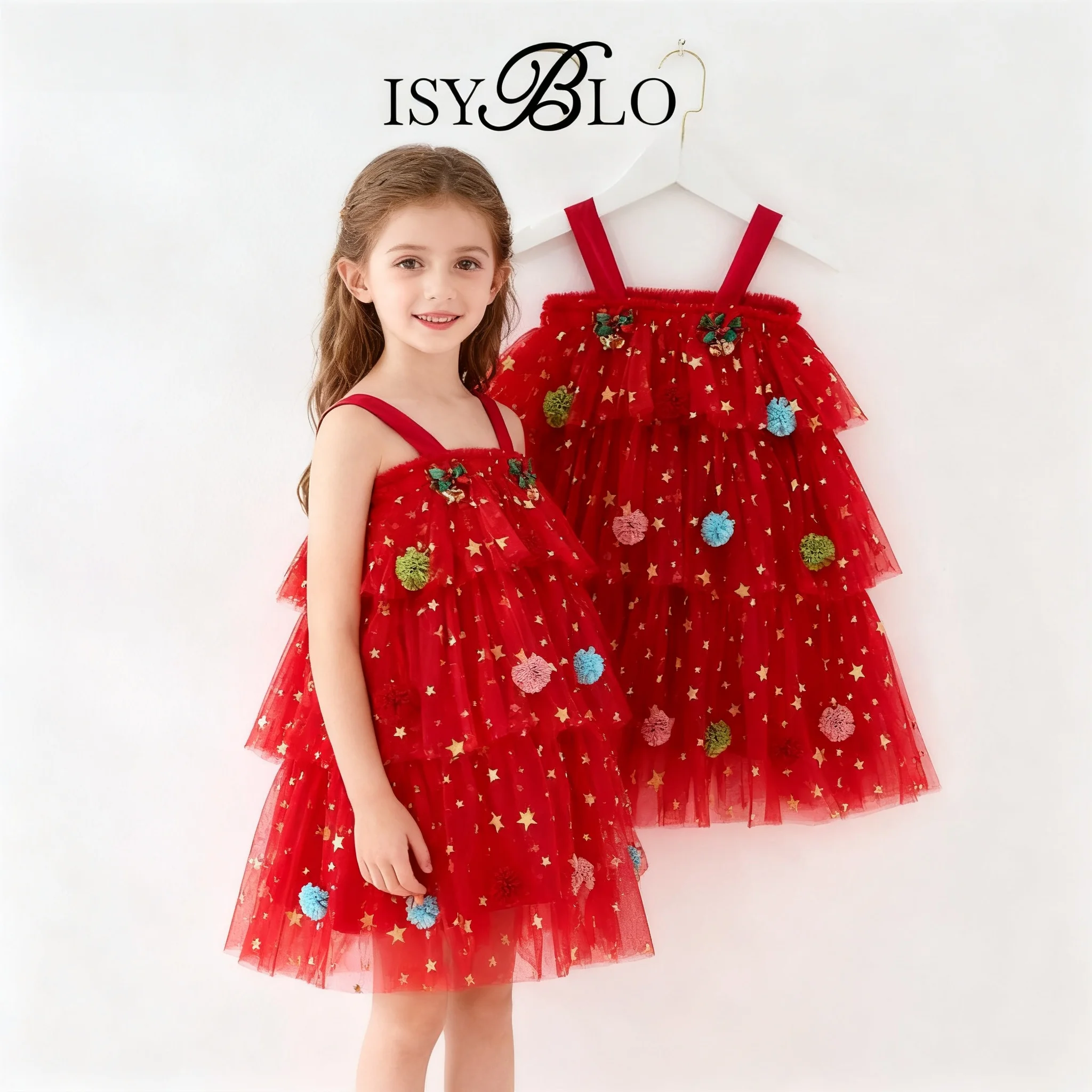 

Christmas Dress for Chidren Straps Tiered Dresses with Bow Hairpin Above Knee Sweet Festival Skirt 90-130cm