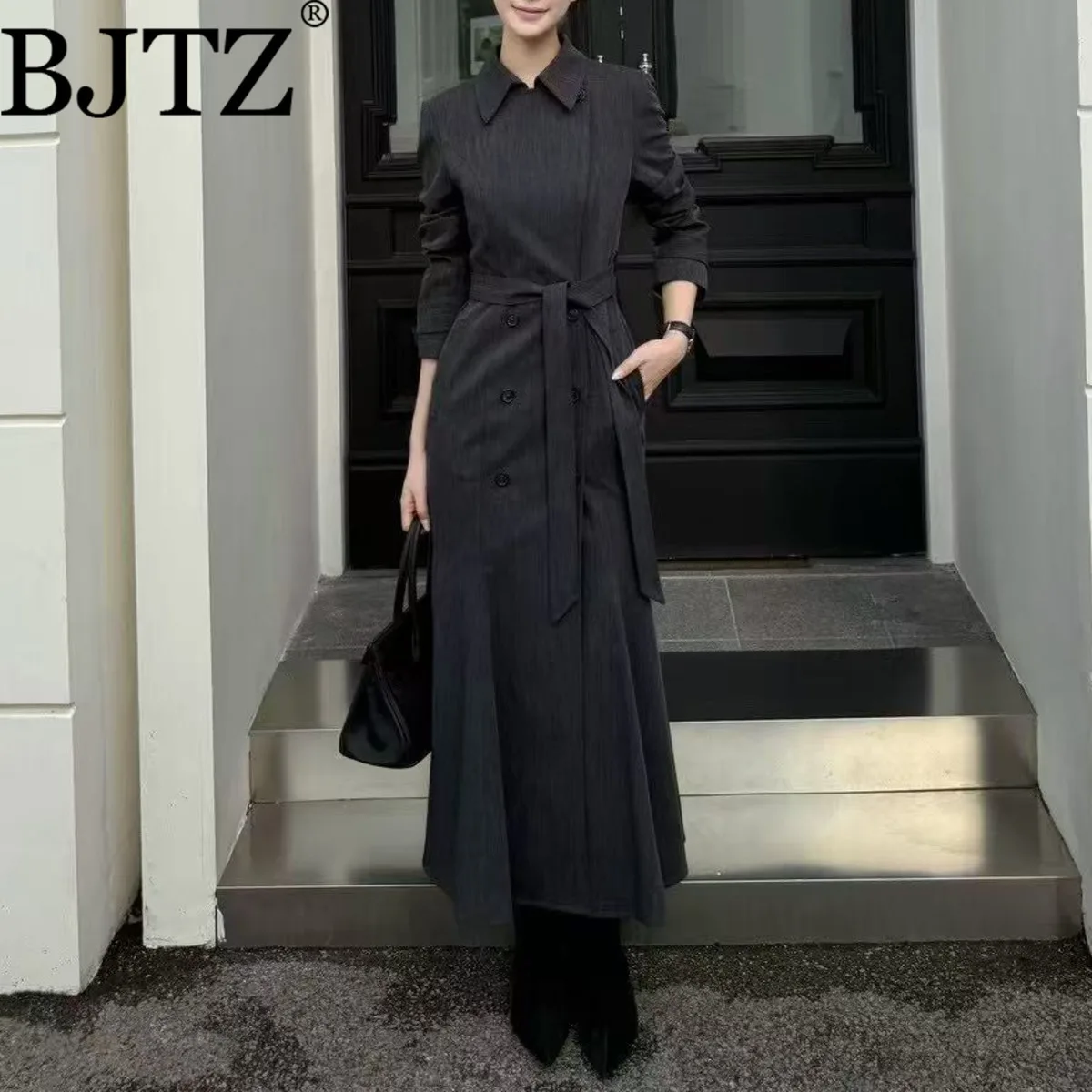 

BJTZ темпераментный длинный пиджак женский на шнуровке на талии с лацканами двубортный модный элегантный тонкий женский модный верхняя одежда