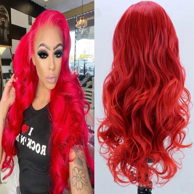 Bright Fire Red Loose Wave Hair Synthetic 13x4 Lace Front Wigs High Quality Heat Resistant Fiber Hair Free Parting For Women Wig