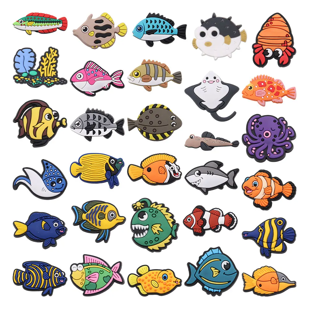 1-30PCS PVC Shoe Charms Kinds Of Deep-sea Fish Sandals Shoes Decoration Hole Slipper Accessories Ornaments for Bracelet Kid Gift