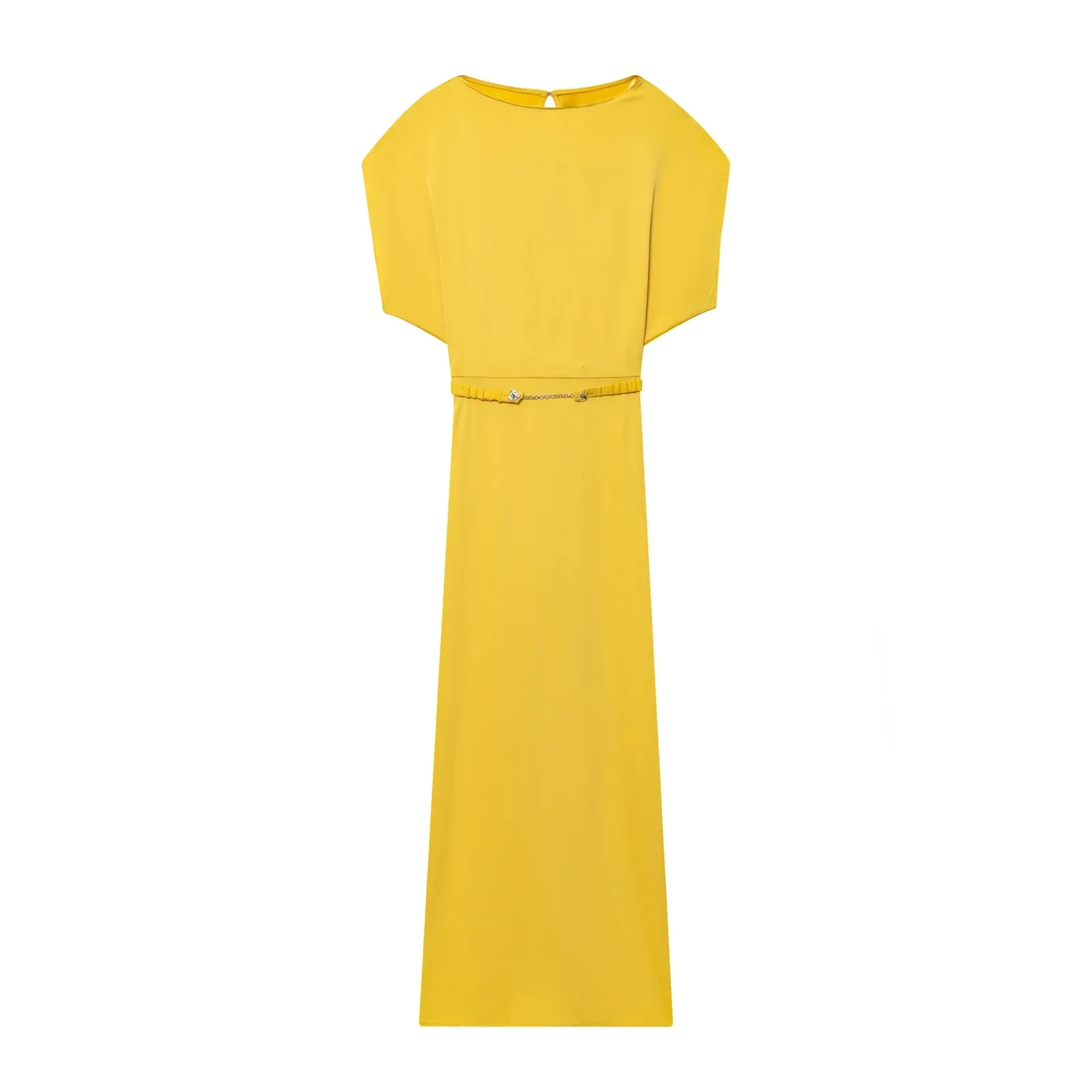Robe texture satinée mode avec ceinture jupe longue femme jaune robe midi élégante sans manches nouveau style robe de soirée femme