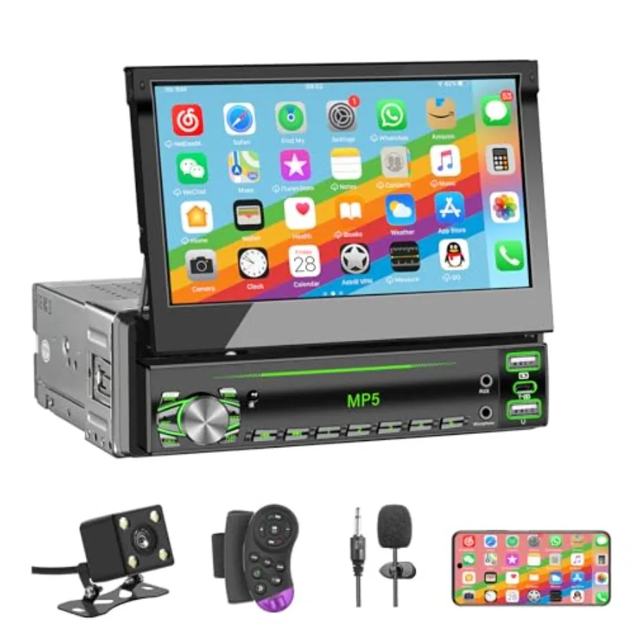Single-DIN-Touchscreen-Radio, Autoradio mit hochklappbarem Bildschirm und Bluetooth, ausklappbares Single-DIN-Radio mit Unterstützung für MirrorLink, FM-Radio