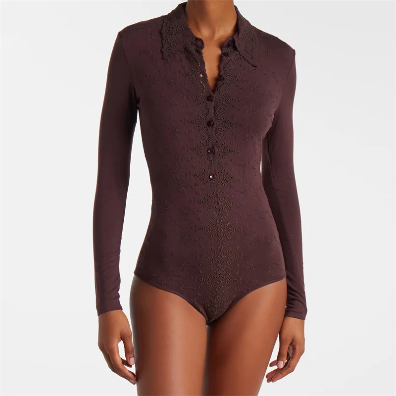 

Women's bodysuit New elastic slim fit lapel long sleeved top for autumn 2025 floral embroidery women's corset y2k women's bodys