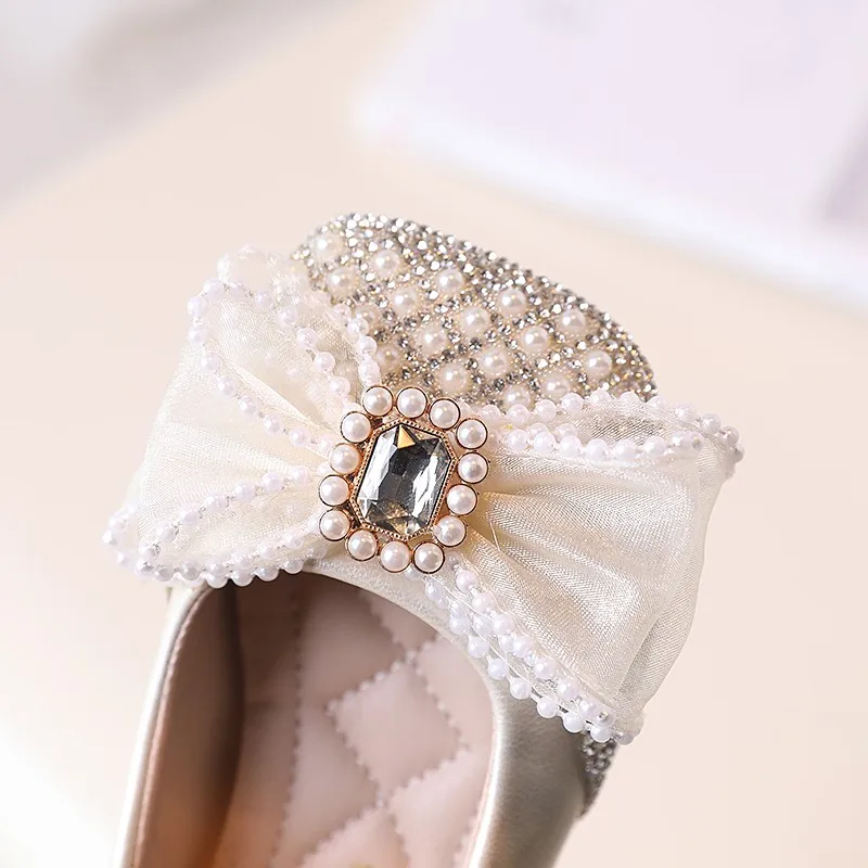 New Girls Shoes Pearls Rhinestone Mary Janes Shoes Square Toe Bling Dance Princess Shoes Crystal Bowtie Party Wedding Shoes 165R