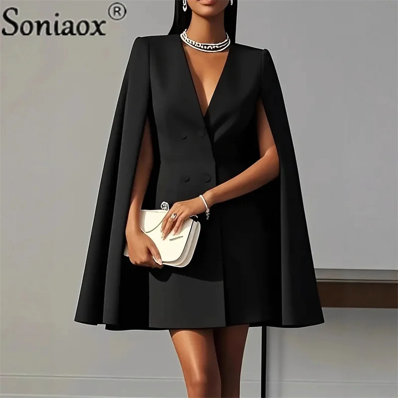 

2025 Autumn Solid Color Blazer Dresses Woman Double Breasted Decoration A-Line Office Dress Lady Elegant Party Shawl Cape Dress