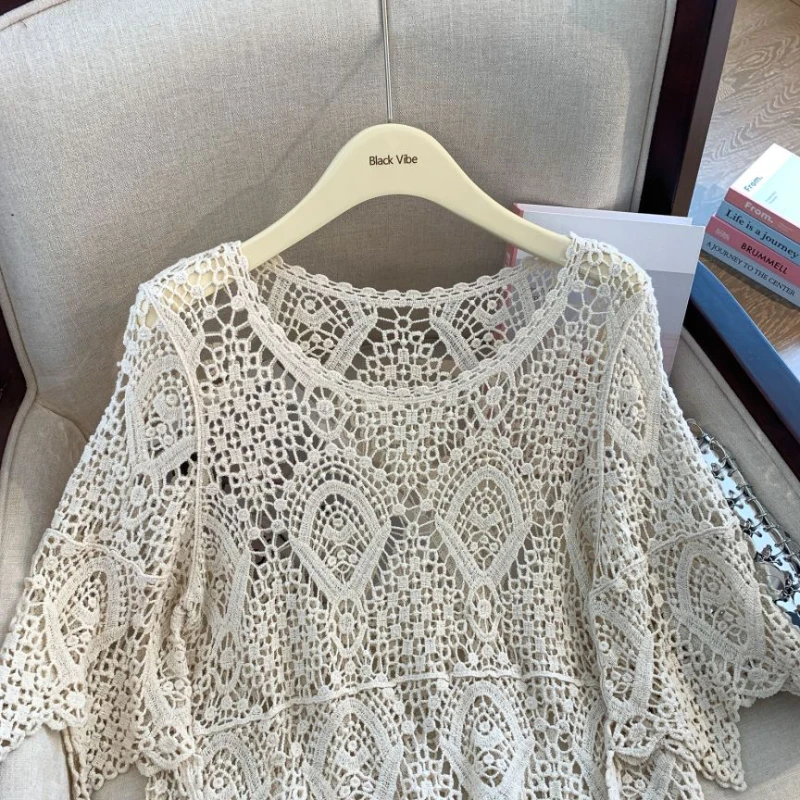 REALEFT Summer Lace Crochet Embroidery Women\'s White Shirts 2024 New Hollow Out Beach Bohemian Flare Sleeve Knitted Tops Female