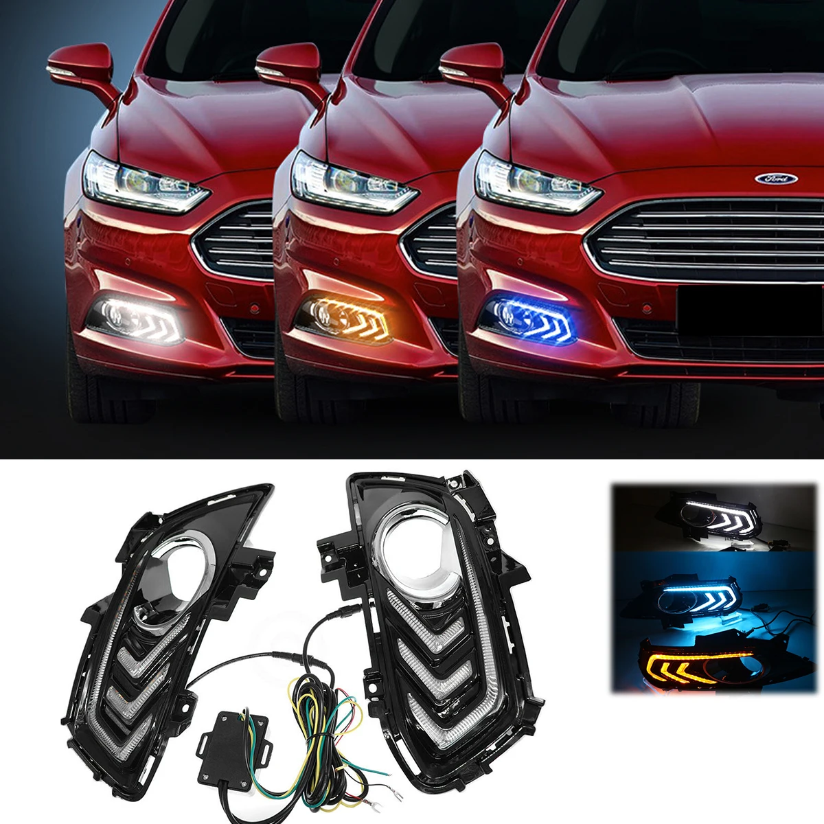 2PCS LED Daytime Running Light DRL Driving Lamp W/ Yellow Turn Signal For Ford Mondeo Fusion 2013 2014 2015 2016