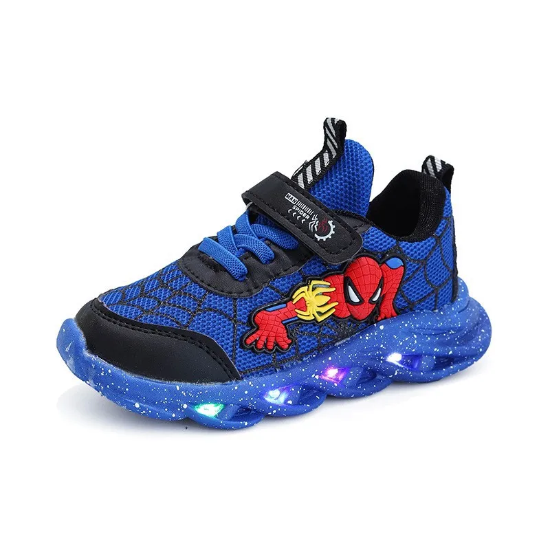 Новинка 2023, детская обувь Человек-паук, кроссовки для мальчиков с подсветкой, Весенняя Детская Спортивная повседневная обувь со светодиодами для мальчиков
