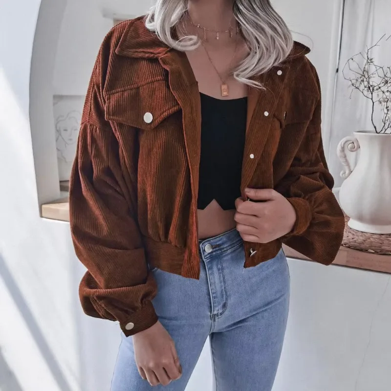 Women Fall Corduroy Cropped Coat Turn-Down Collar Lantern Puff Long Sleeve Single Breasted Vintage Casual