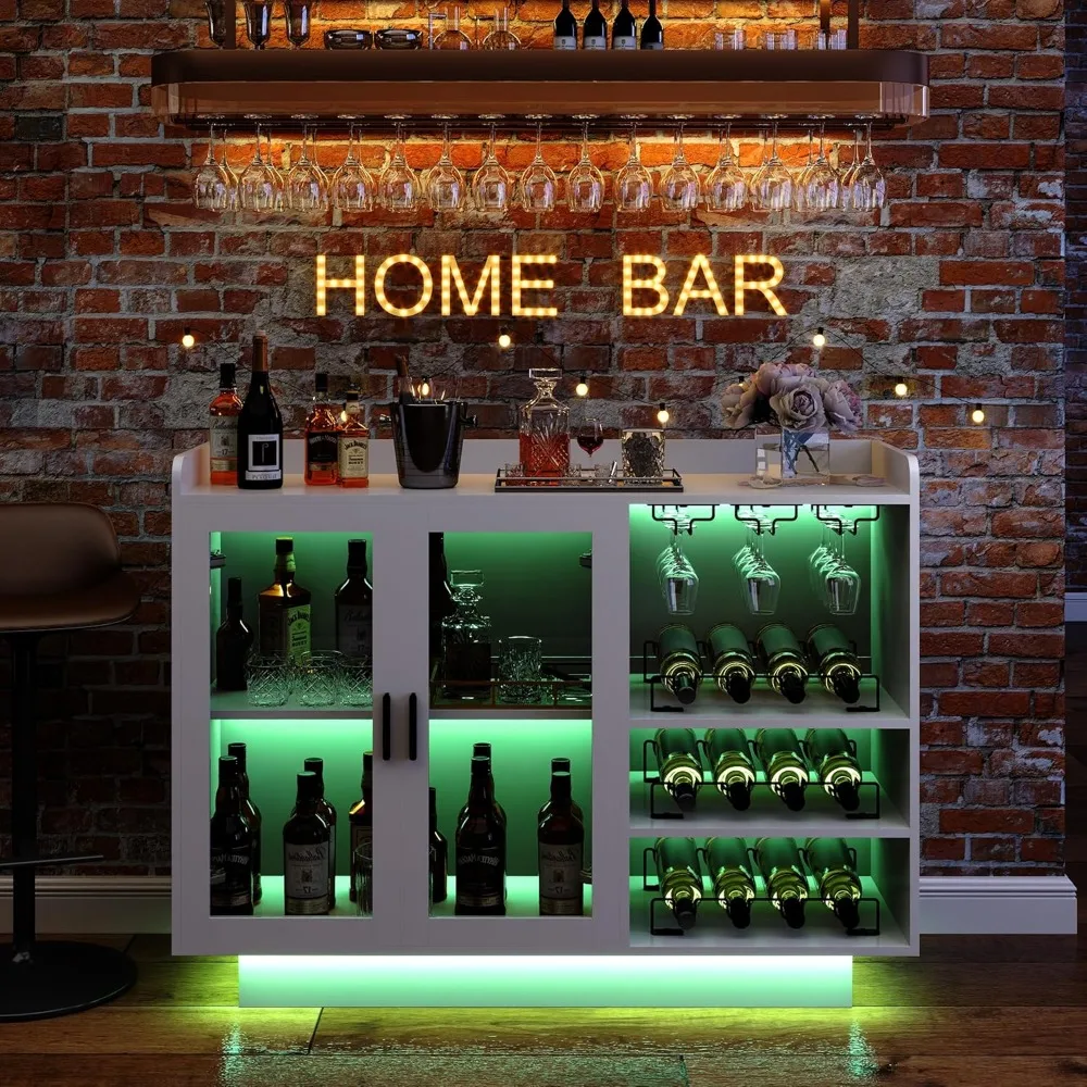 Weinbarschrank mit LED-Leuchten, 47er moderner weißer Spirituosenschrank für Zuhause mit großem Stauraum, Weinregalen und Glashol