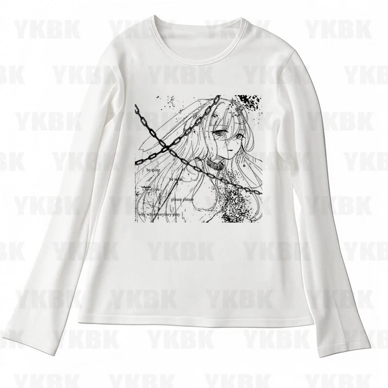 

Harajuku Women Y2K Street Harajuku Fashion Spicy Girl Casual Top Long Sleeve Retro Gothic White Print Anime T-shirt Spicy Girl