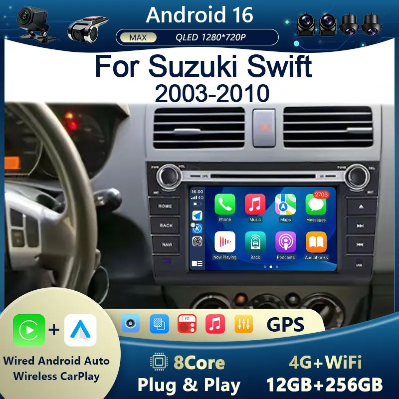 Android 16 WiFi DSP QLED IPS CarPlay Android Auto Bluetooth for Suzuki Swift  2003 - 2010  GPS Navi Multimedia HD Touch Screen
