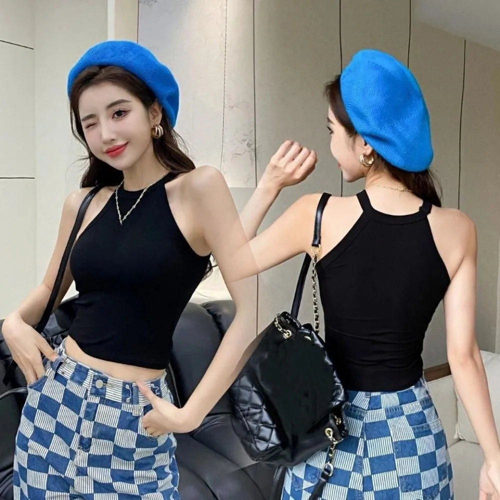 

Casual Solid Sleeveless Camisole Beachwear Suspender Camisole With Pads Round Neck Spicy Girl Style Thin Strap Tank Top Girl