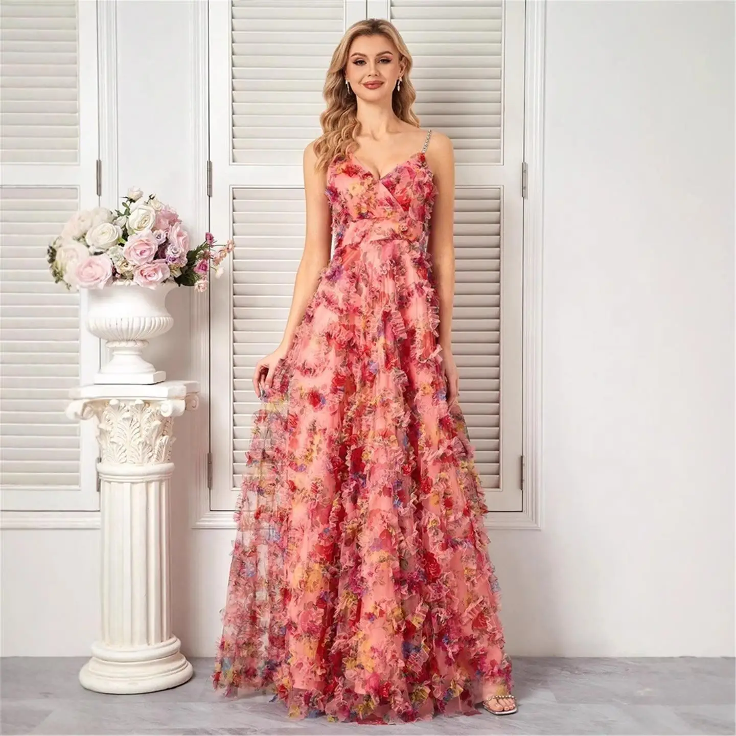 Long Floral Lace Evening Dr Slim Fit Chiffon Maxi Par Dr Tee Quarter Sve V Ne Gown for Women's Gathering