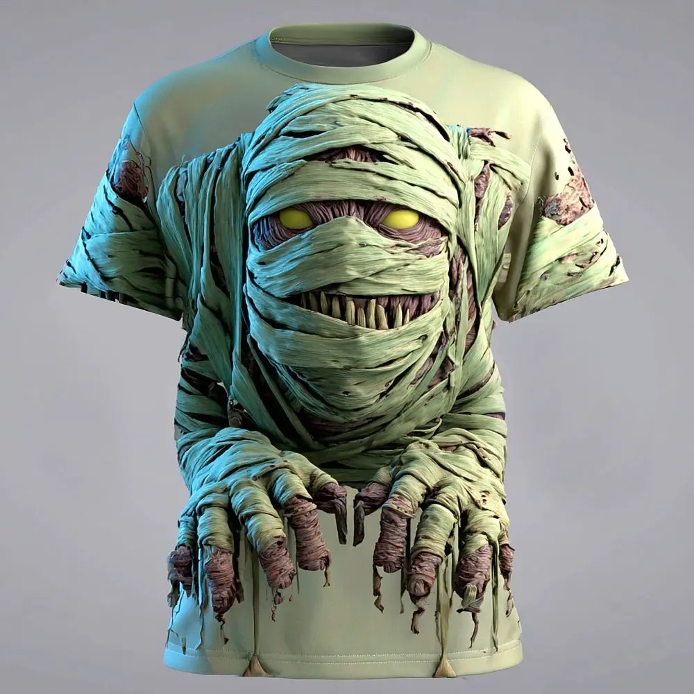 Halloween Men's Optical Illusion Zombies Mummy T Shirt Short Sleeve T shirt 3D Print Crew Neck Shirt