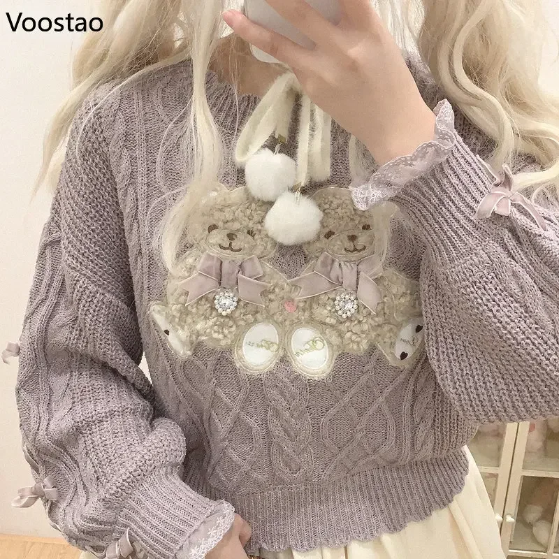 Vintage Sweet Lolita Style Knitted Pullover Girls Cute Plush Cartoon Bear Embroidery Bow Sweater Women Harajuku Knitwear Tops