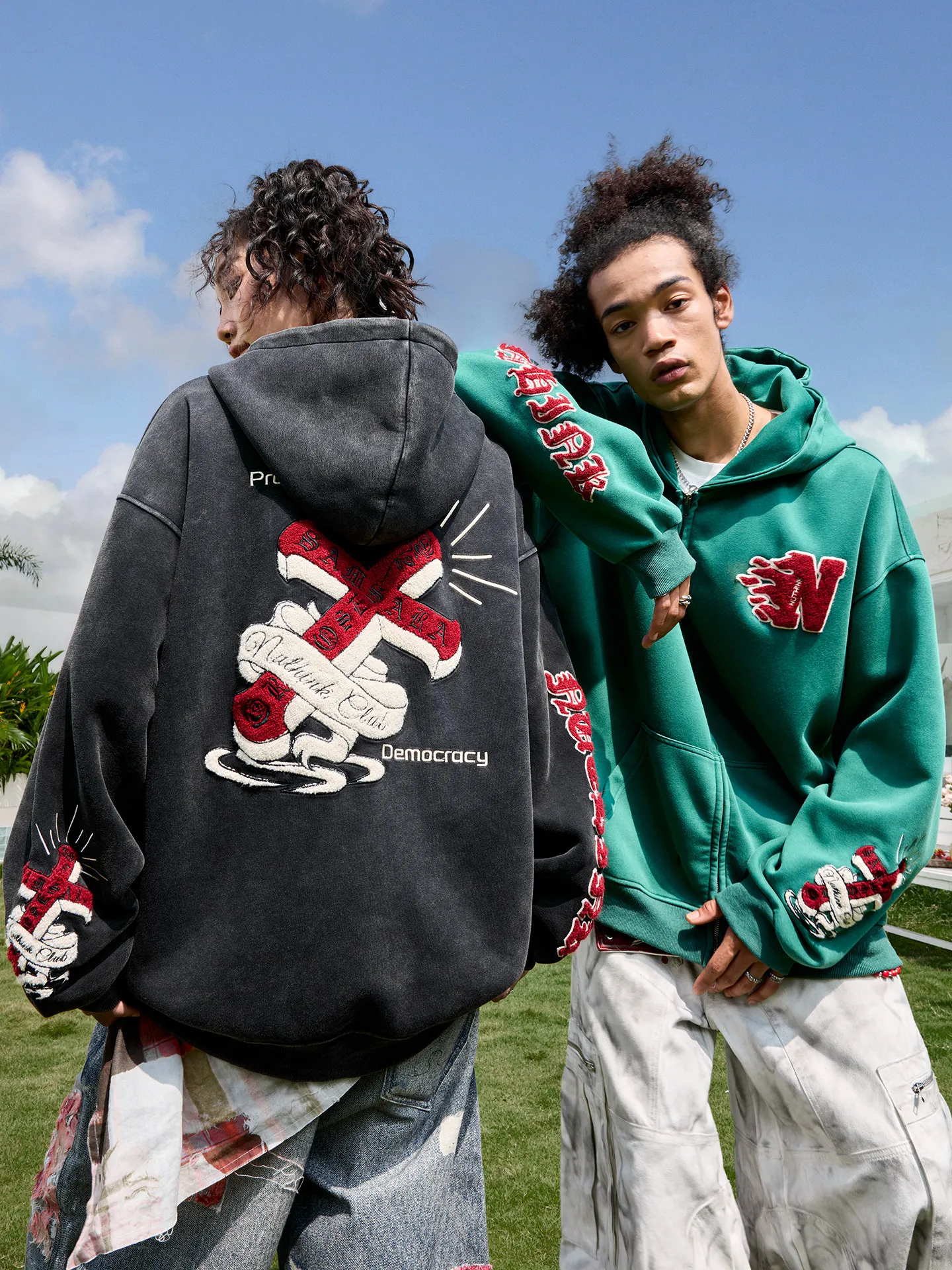 Autumn Winter Men's American Heavy Letter Embroidery Green Hoodie Couple Style Loose Casual Black Velvet Hoodie