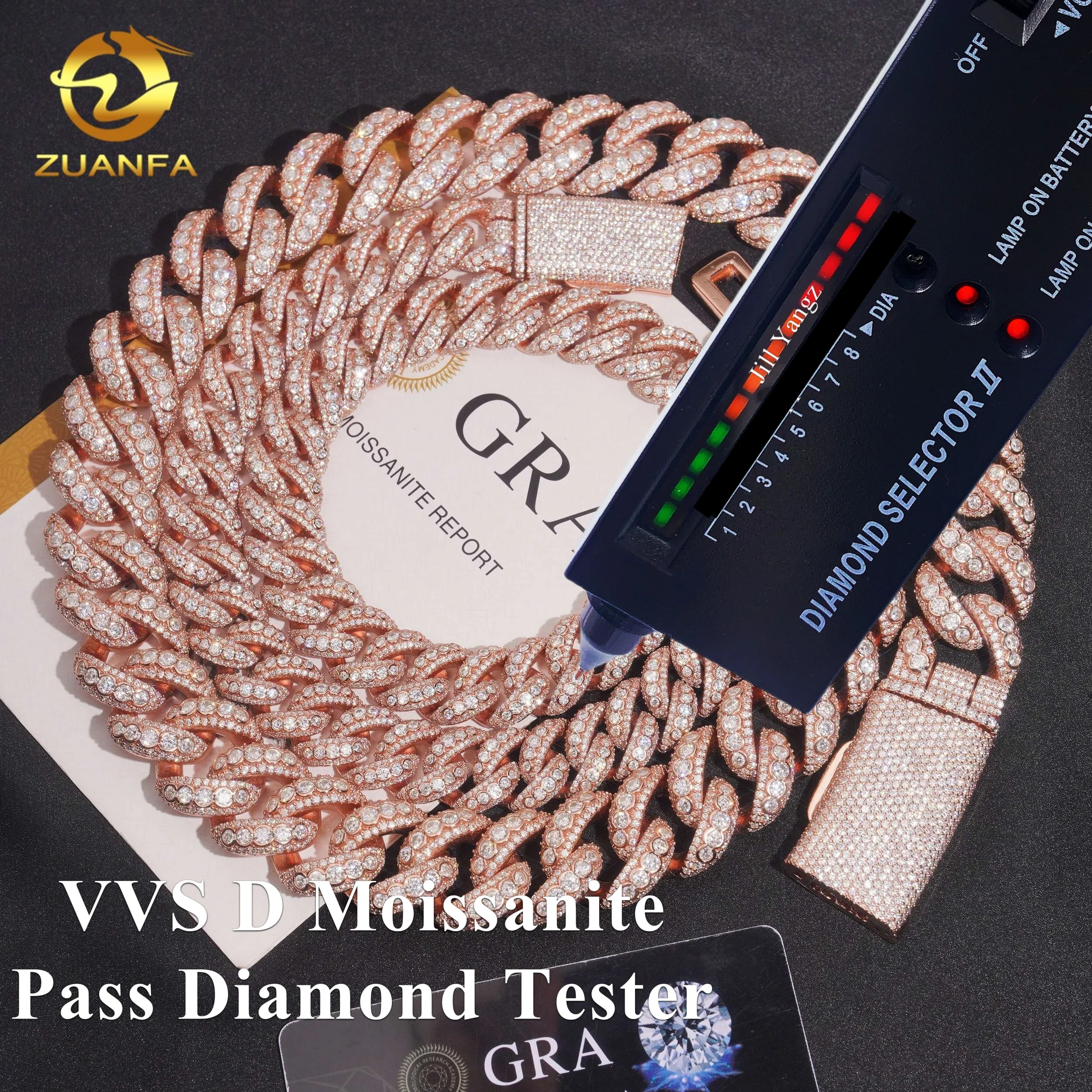 Jewelry Zuanfa Bezel Set 15mm 20mm Moissanite Chain Cuban Links 925 Silver Oval Shape Cuban Link Chain Necklace Rose Gold Pla