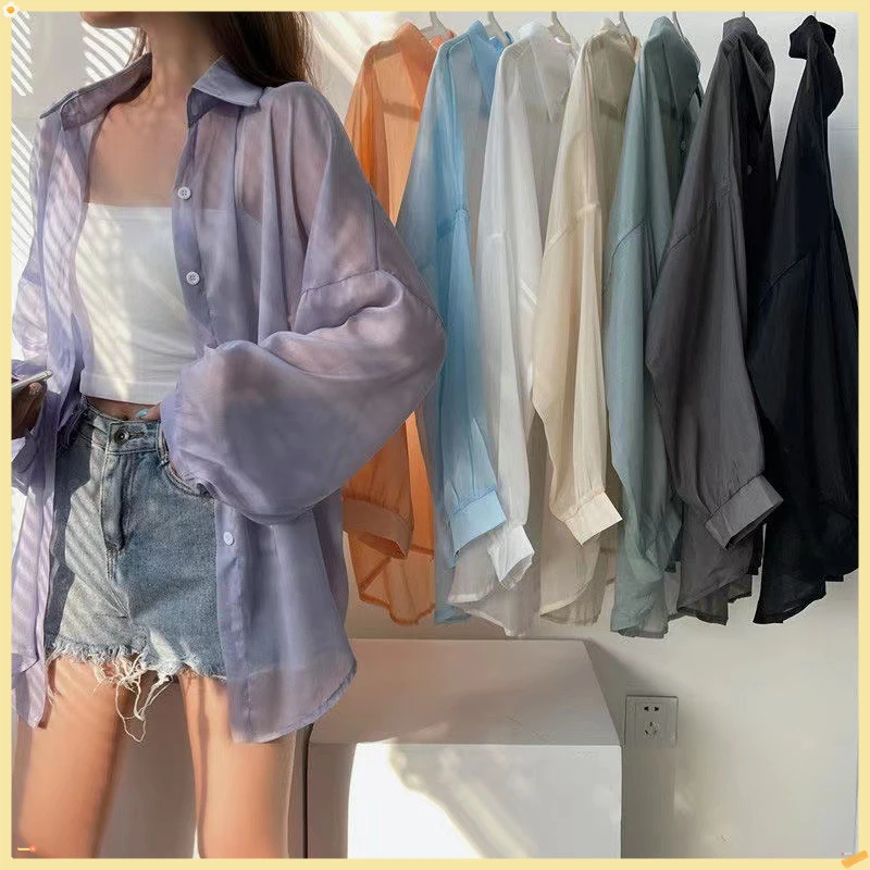 

Summer 2025 Pearlescent Tulle Sun-protective Blouse for Women Thin Slightly Transparent Long-sleeved Casual Loose Women Shirt