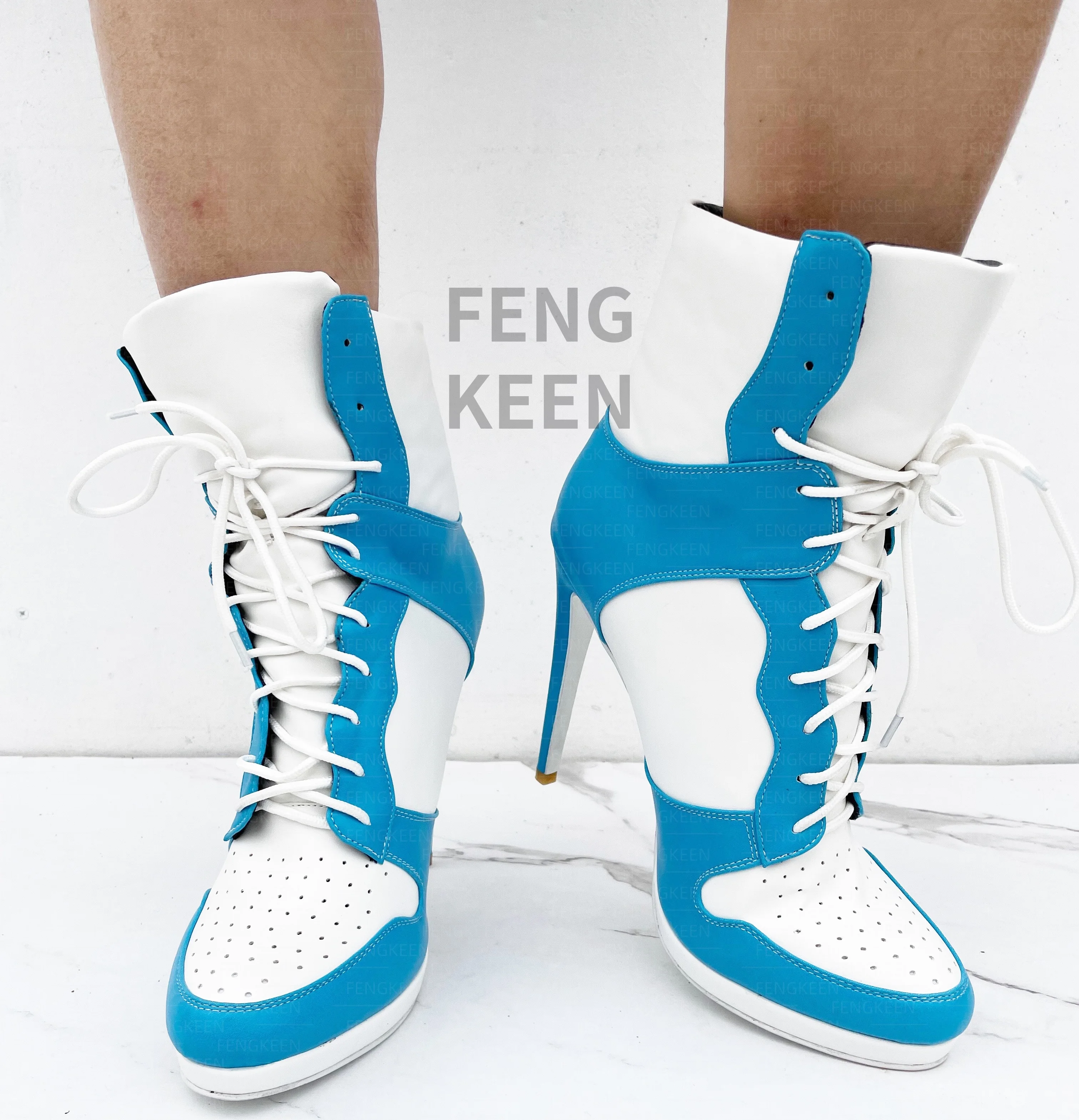 Frankie Hsu Stiletto Sport Basketball High Heeled Ankle Boots, Casual White Baby Blue Sneaker Style Bootie, Large Big Size Fashion Designer Lace Up Short Shoes For Women Men view 6