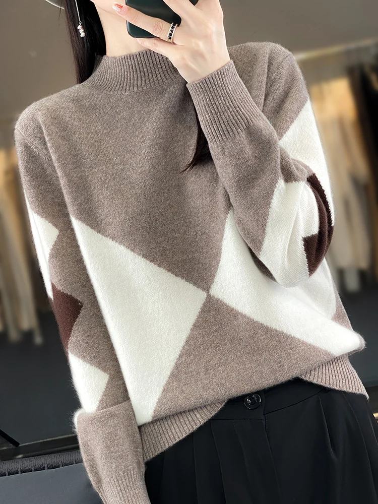 

Color Matching Women 100% Merino Wool Pullover Autumn Winter Mock-neck Cashmere Sweater Knitted Long-Sleeved High Quality Tops