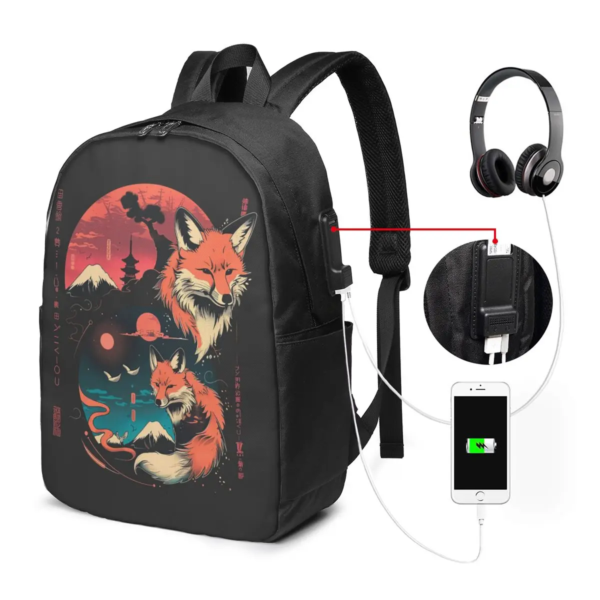 Mysterious Japanese Fox In Dark Backpack Travel Notebook Bag Computer College Student School Bag Laptop Shoulder Bags Men Women