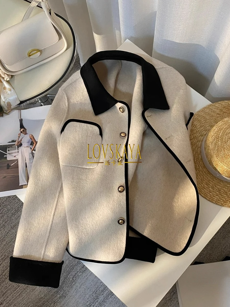 Retro contrasting collar woolen short jacket for women fragrant and fashionable high-end and stylish jacket top