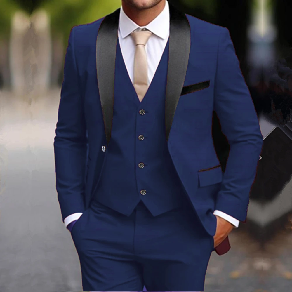 

3 Pcs Suits Set Blazers Jacket Pants Vest / Men Stretch Fabric Double Slit Casual Business Slim Fit Wedding Formal Dress Coat