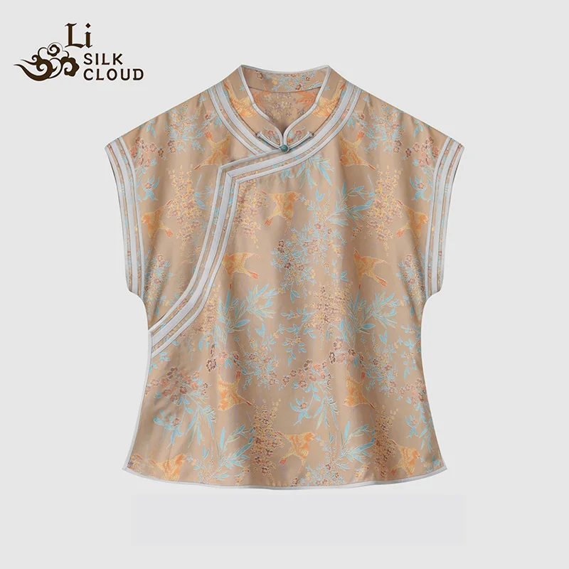 LI SILK CLOUD xiangyunsha Stand-Collar Short Sleeve Top Ancient Style Oriental Patterns Guangdong Black Pearl  Guangdong Gauze
