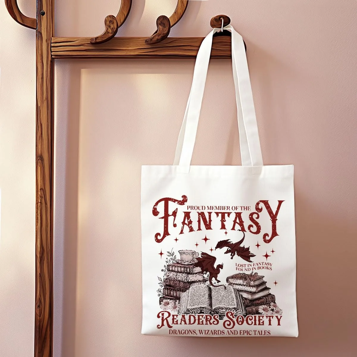 

Fantasy Book Lovers Tote Bag Reusable Grocery Bags Beach Tote Dragon Bookworm Gift Book Club Bag Gifts for Book Lovers